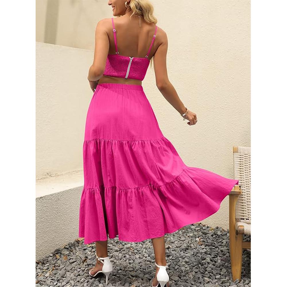 Women’s Summer Boho Flowy Swing Tiered A-Line Maxi Skirt 2025 Fashion Trendy Elastic Waist Pleated Long Beach Dress