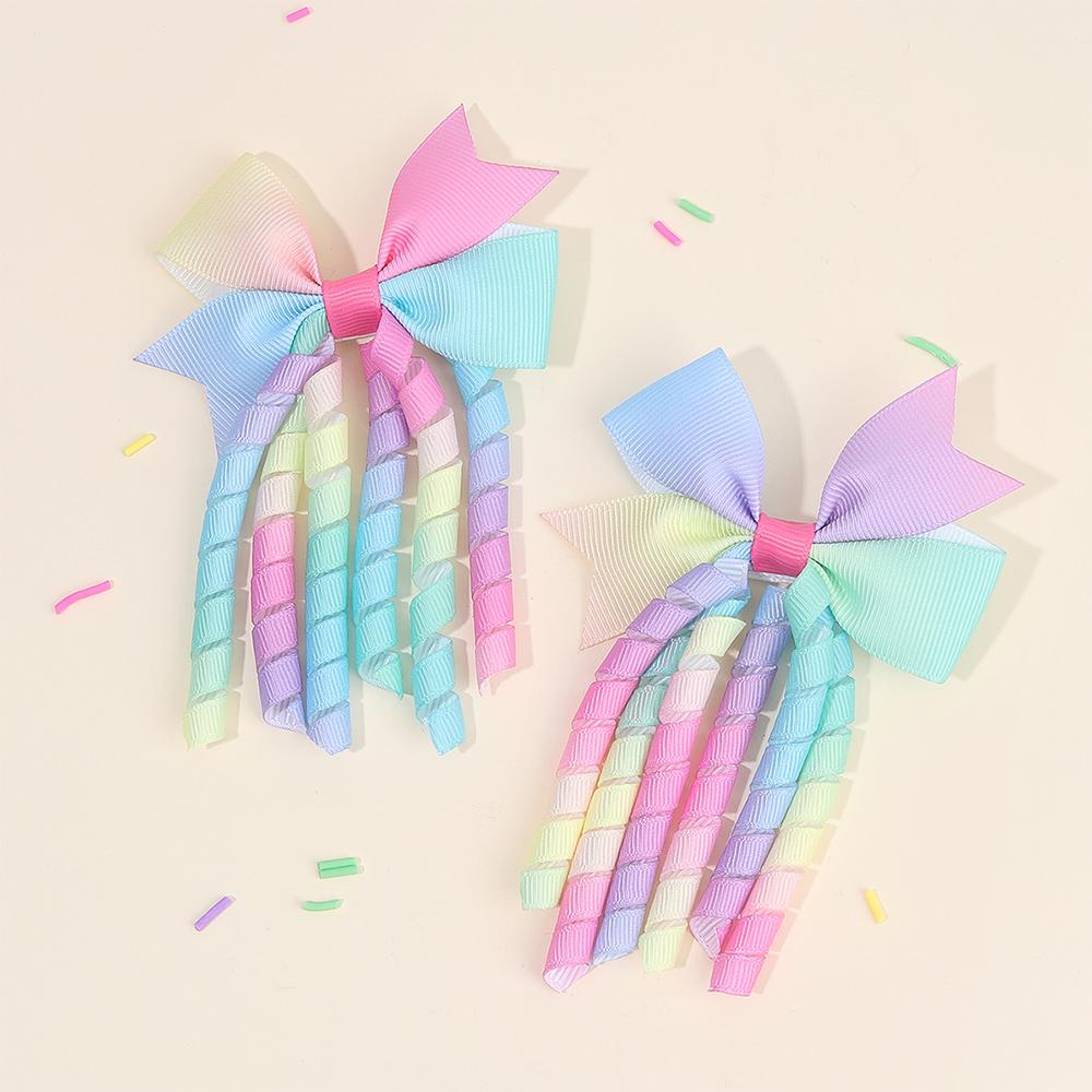 2Pcs Ribbon-Tassel Hair Clips Popular Sweet Rainbow Curly Ribbon Double Ponytail Hairpin Baby Girl Hair Accessories For Children