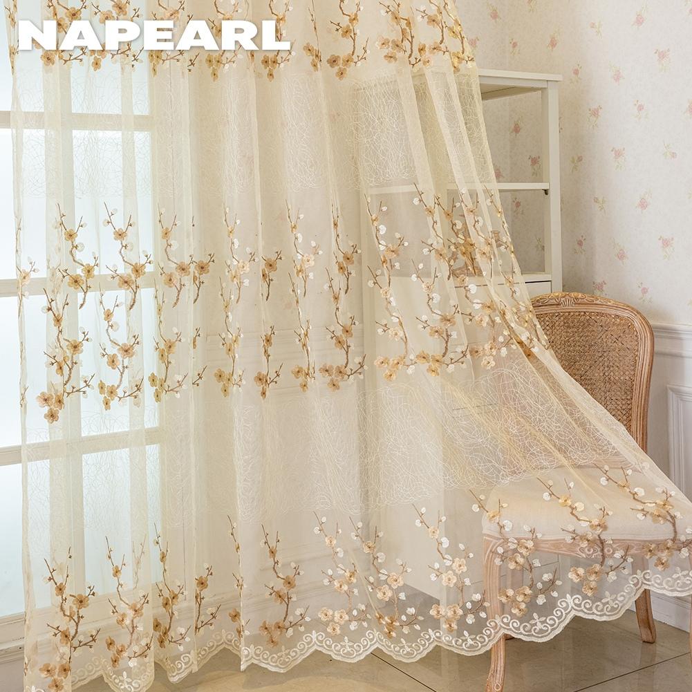 1PC NAPEARL European Retro Embroidered Sheer Curtain, Plum Blossom Pattern Transparent Curtain for Living Room Bedroom Balcony Window Home Decor