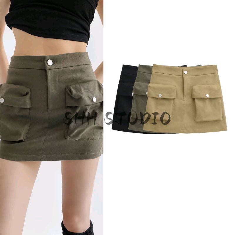 Summer New Women Clothes American Vintage Three-Dimensional Pocket High Waist A Word Anti-exposure Slimming Short Overalls Skirt