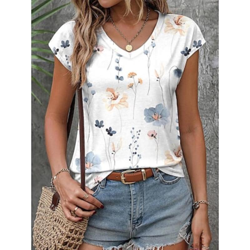 Women's T-shirt V-neck Palm Leaf Print Short Sleeve Tropical Summer Casual Beachwear Pink White Breathable