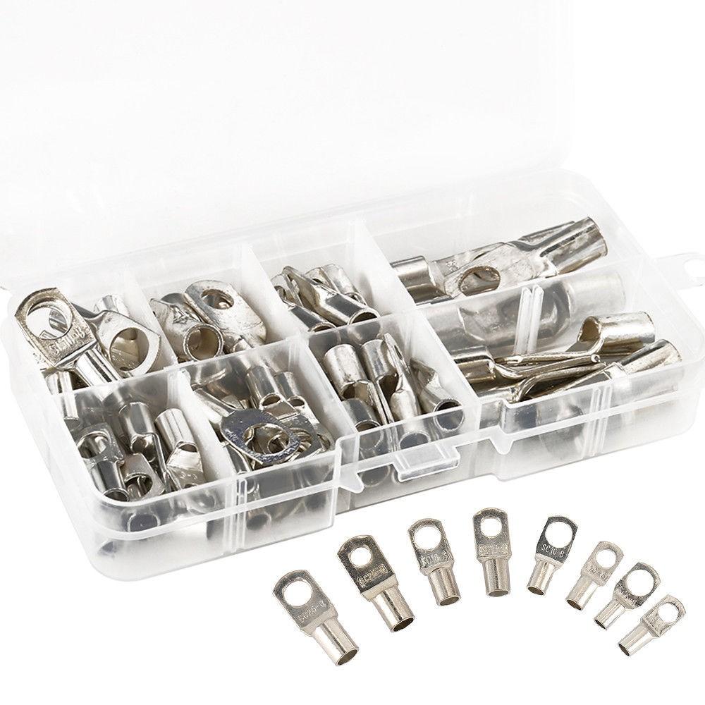 60pcs Battery Bare Copper Ring Lug Terminals Connector Wire Gauge SC6-25 Kit US