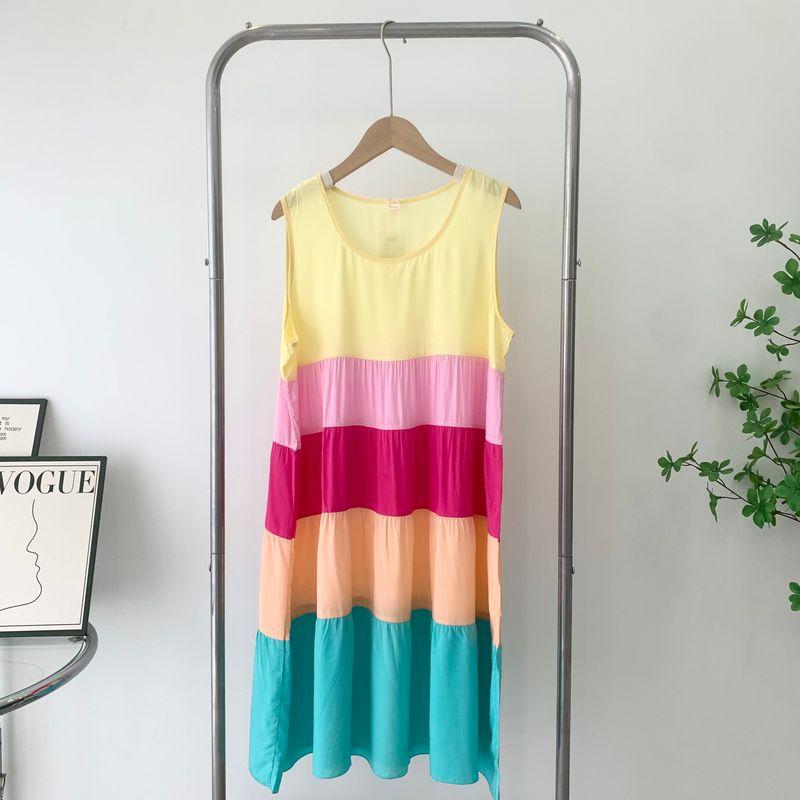 

Хлопково-шелковая ночная сорочка без рукавов, платье, жилетная майка с цветовой блокировкой, свободная пижама, домашняя одежда, платье-торт, юбка из искусственного хлопка с расширением Yellow + pink + red All yards