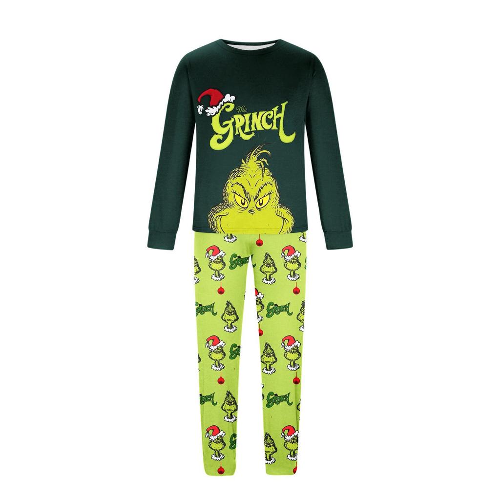 Pijama Familiar Navideño Estampado GRINCH Europeo y Americano - Conjunto de Hogar Festivo de Manga Larga