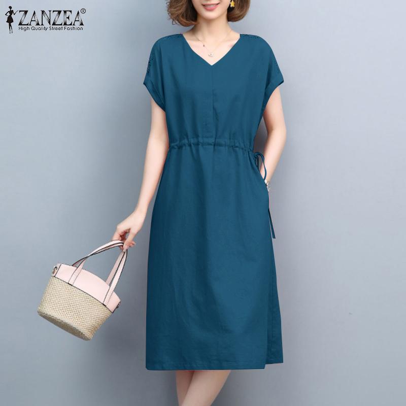

ZANZEA Женское повседневное летнее платье с круглым вырезом и короткими рукавами на шнуровке