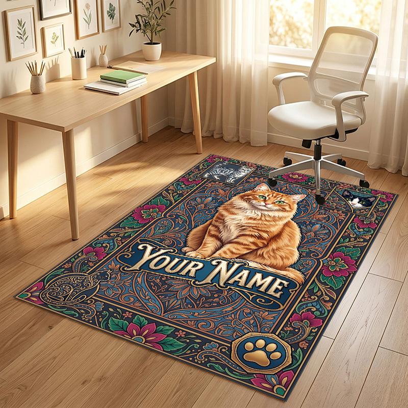 Cat Theme Crystal Velvet Rug Personalized Custom Name Text Soft Floor Mat Home Decor