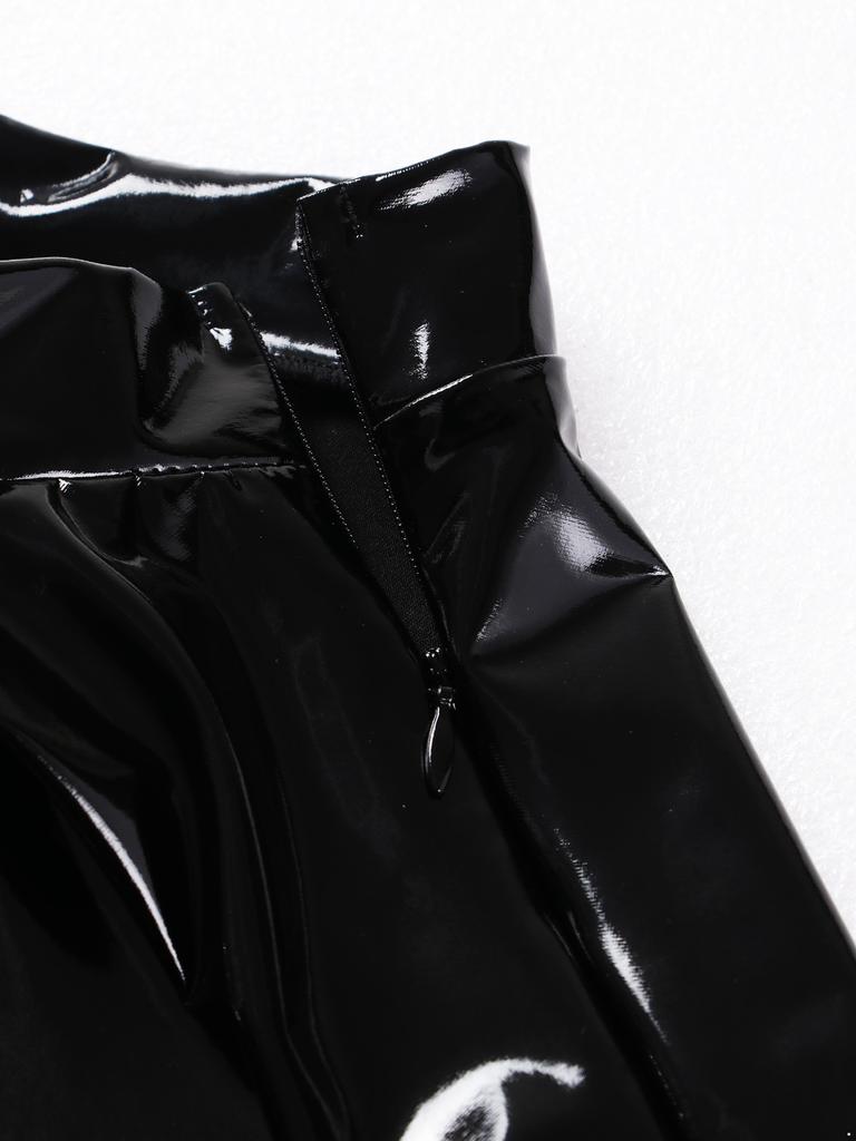 Womens Wet Look Patent Leather Set Wire-free Bra Top with Zipper Flared Skirt for Lingerie Night Club