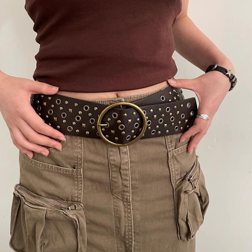 Y2K Wide Waistband Rivet PU Leather Belt Elegant Cowgirl Belt Clothing Accessories