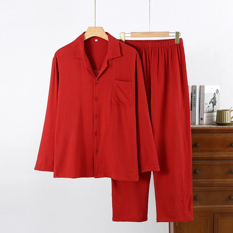 New Year's red pajamas female couple pure cotton double-layer yarn homewear spring and autumn long-sleeved trousers set festive homewear