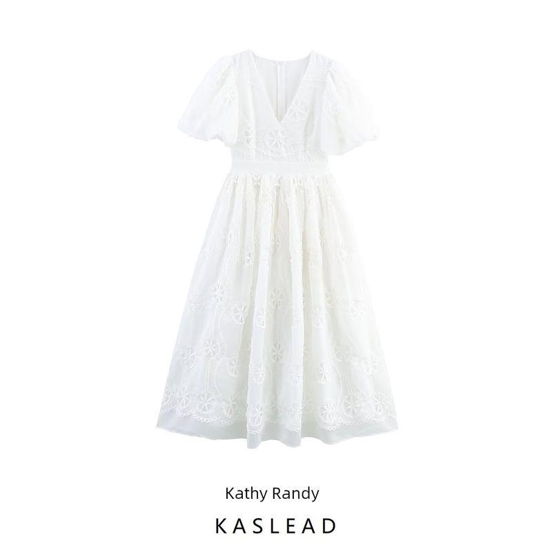 Kaslead New Women clothes Western Style Fashion French style Wind V-neck Puff sleeve Heavy Industry Waist Hugging Big Hemline Long dress