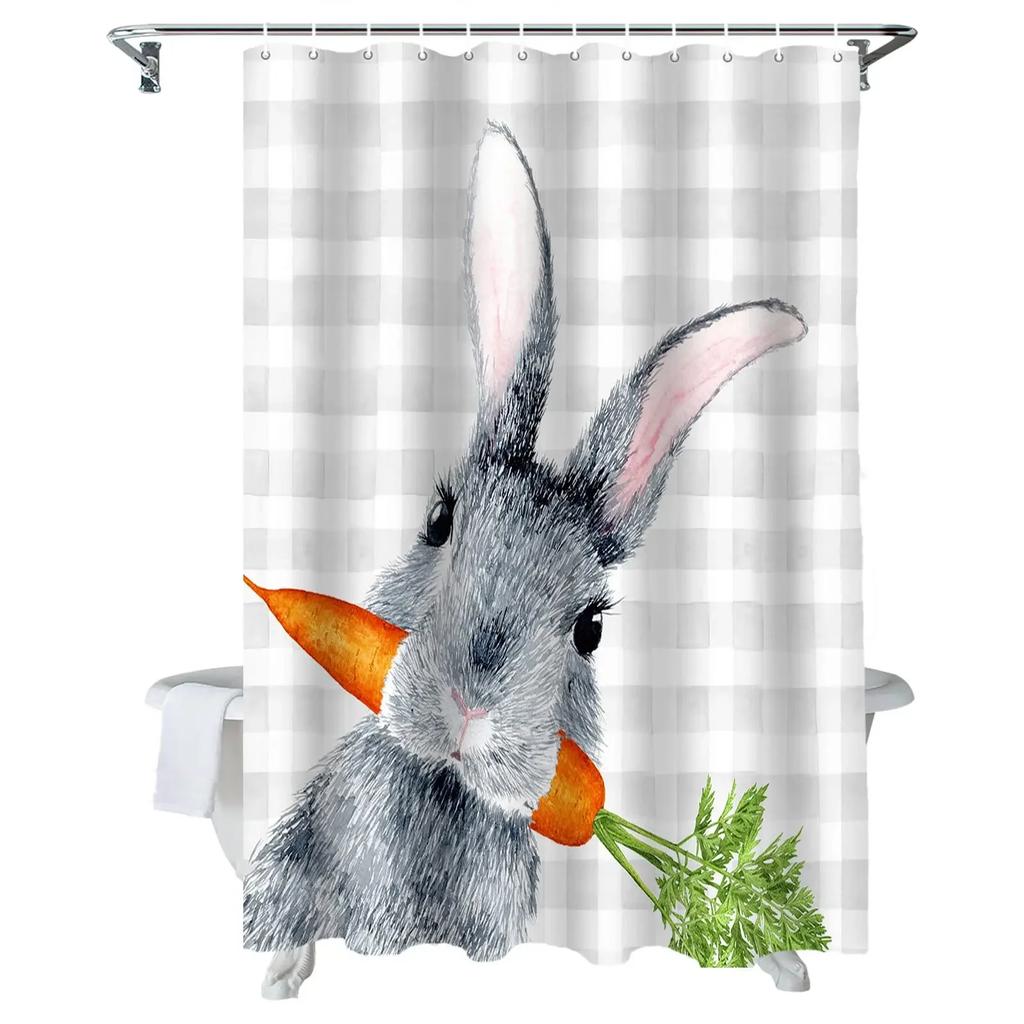 Happy Easter Bunny Shower Curtain Funny Rabbits Pink and Blue Eggs Bath Curtain Polyester Fabric Waterproof Bathroom Curtain Set