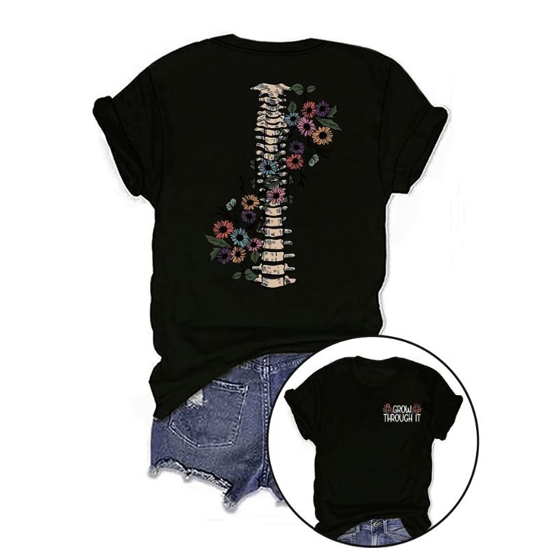 GROW bone flower pattern, fashionable women s top T-shirt S