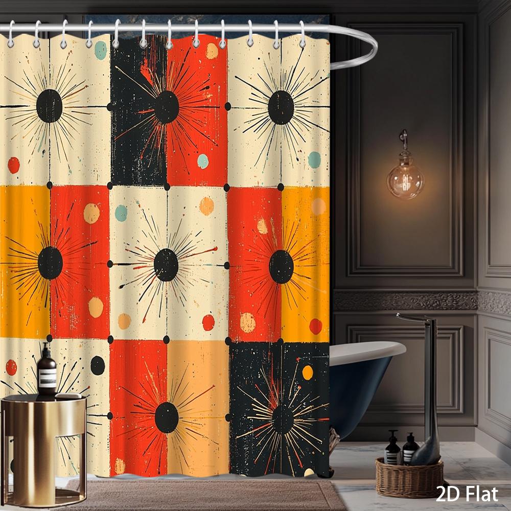 Modern Retro Geometric Shower Curtain – Bold Color Blocks & Dot Patterns, 2D Flat Design, Machine Washable, Includes Hooks