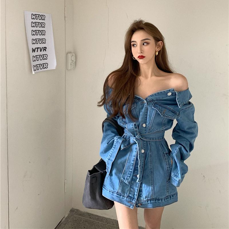 

IELGY женская одежда универсальная свободная модная куртка средней длины без бретелек на талии в стиле ретро M синий