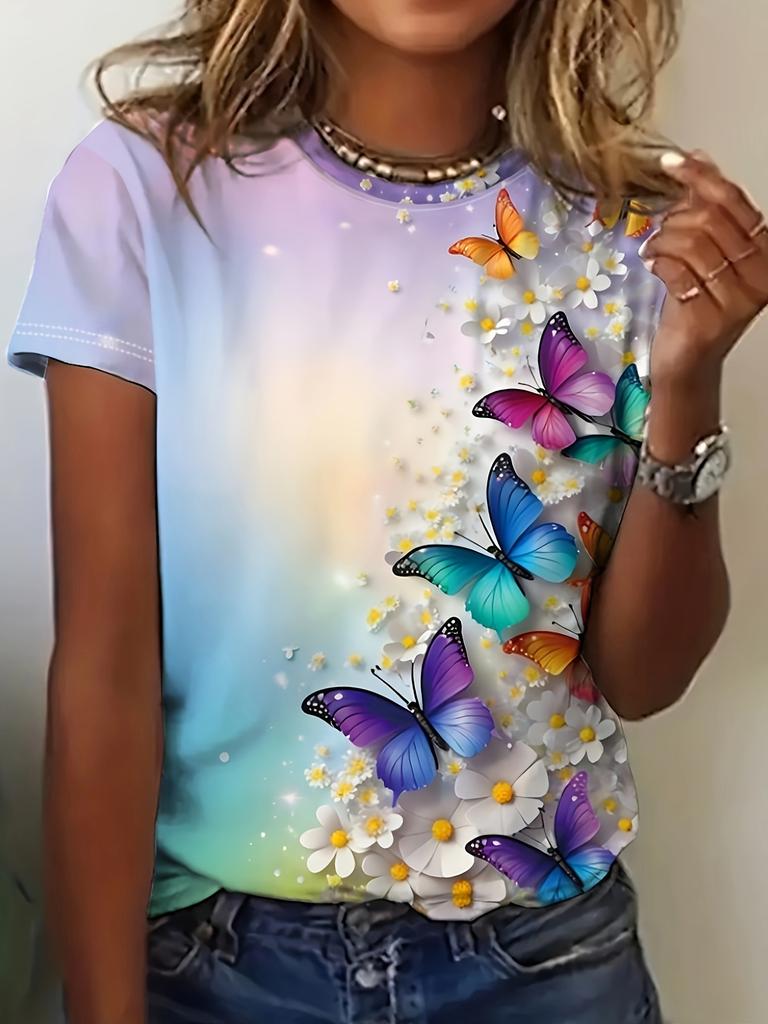 Elegant and Fashionable Colorful Rose Print Round Neck Ladies T-shirt Summer All-match Refreshing T-shirt