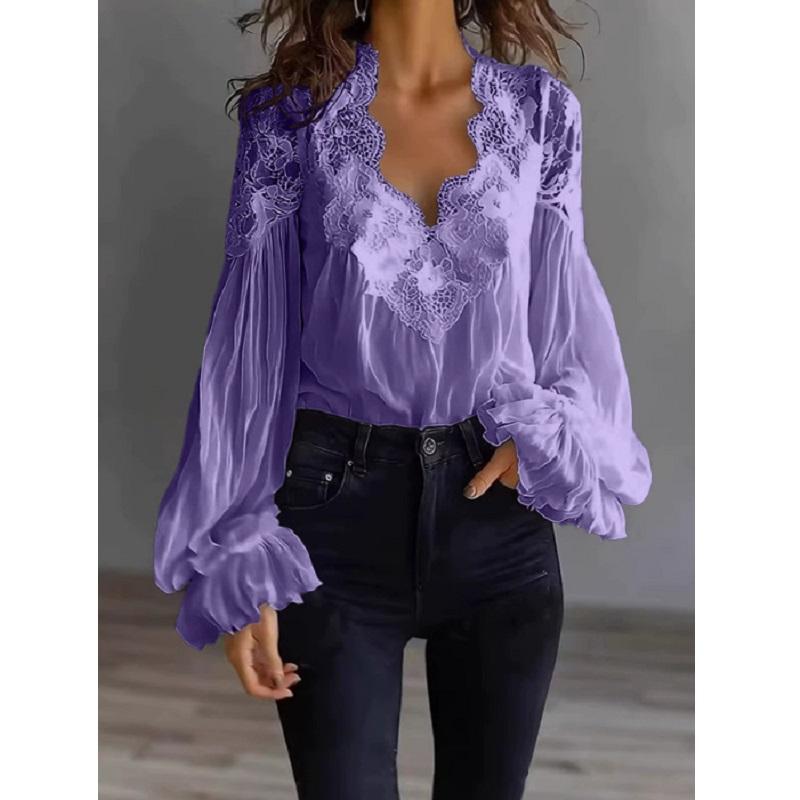 Women Lace Blouses and Shirts Ladies Puff Sleeve V-neck Tops Shirts