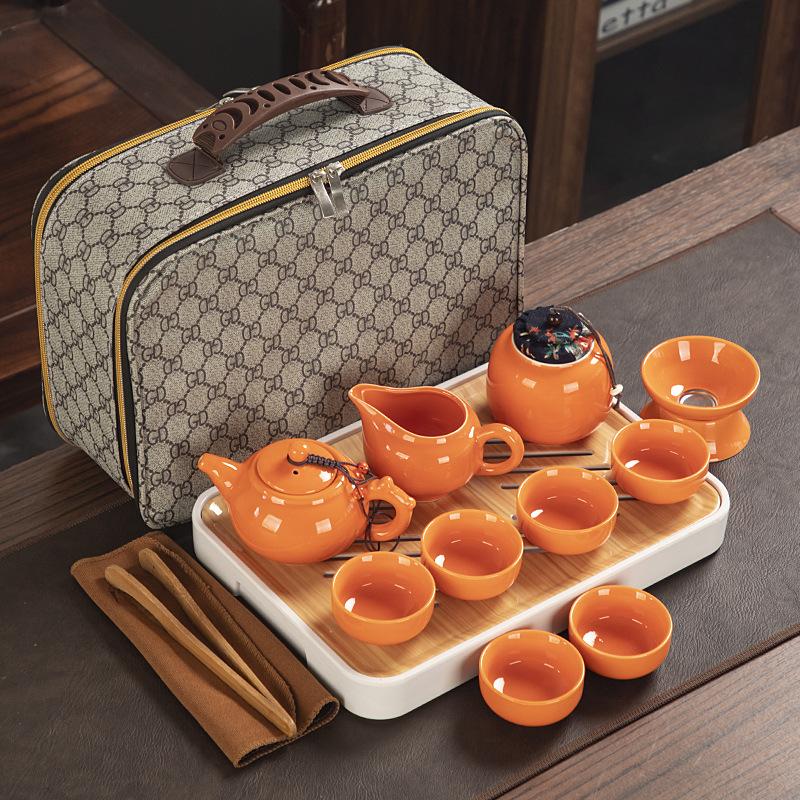 Travel ceramic Kung Fu tea set, tea tray, a full set of portable storage bags, practical business gifts for customers