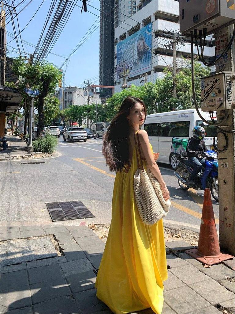 Seaside Resort Yellow Backless Spaghetti Strap A-line Summer Dress for Women
