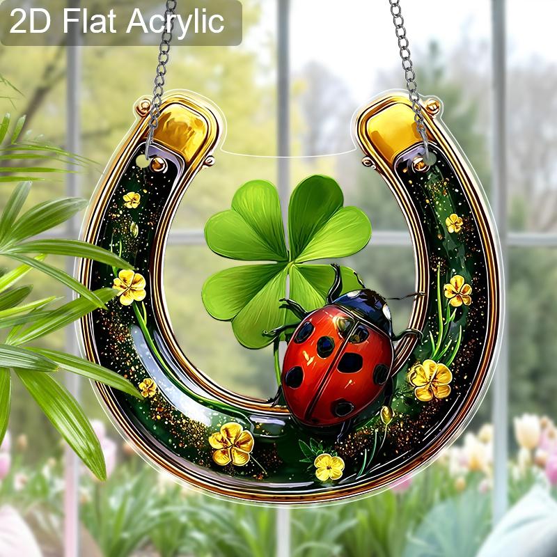 Acrylic Lucky Horseshoe with Four-Leaf Clover & Ladybug Suncatcher Stained Glass Effect Window Hanging Ornament St. Patrick's Day Gifts