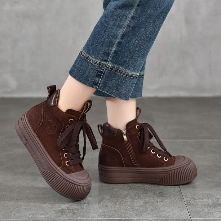 Johnature Versatile Plush Warm Short Boots Genuine Leather Round Toe Casual Women's Flat Platform Shoes