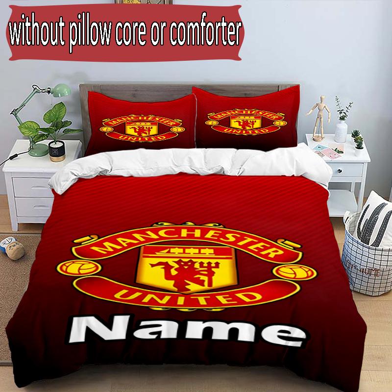 3pcs Duvet Cover Set (1*Duvet Cover + 2*Pillowcase, Without Core), Custom Name Manchester Football F.C Pattern Bedding Set, Home Bedroom Decor Gift