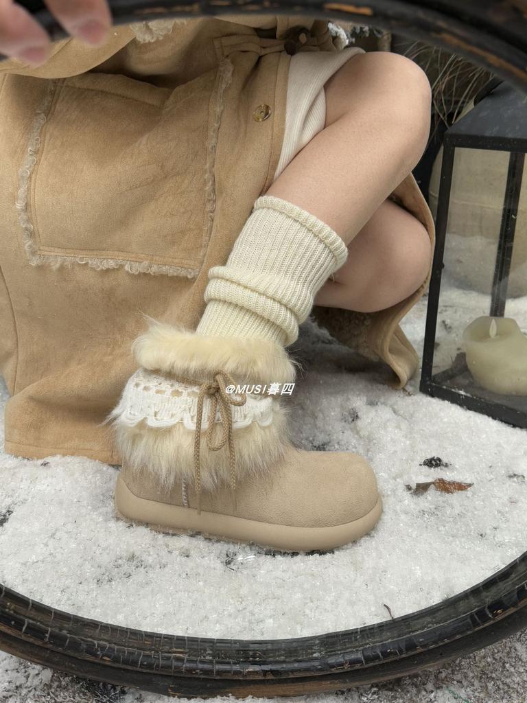Dusk 4~ 2025 Autumn and Winter Millennium Wind Fluffy Snow Boots Fleece Inner Height Increase Warm Cotton Shoes Short Boots Winter