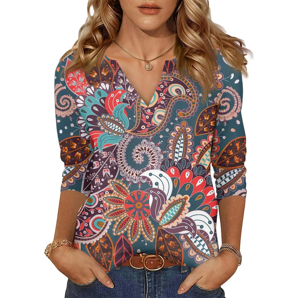 Women's Casual Fashion Sexy Comfortable V-Neck Floral Seven Sleeve Top