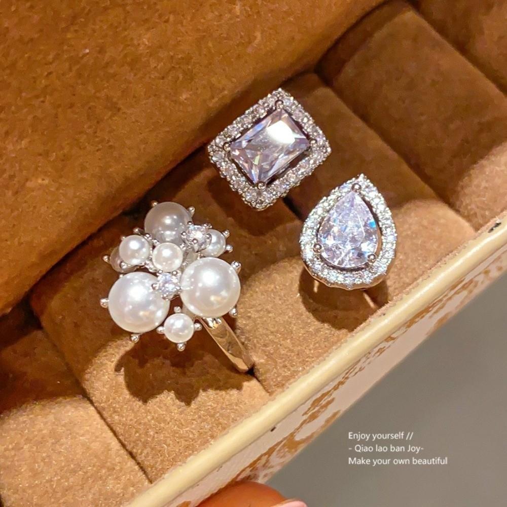 Cubic Zirconia Stone Zircon Square Ring Water Drop Shape Open Ring Design for Wedding Party