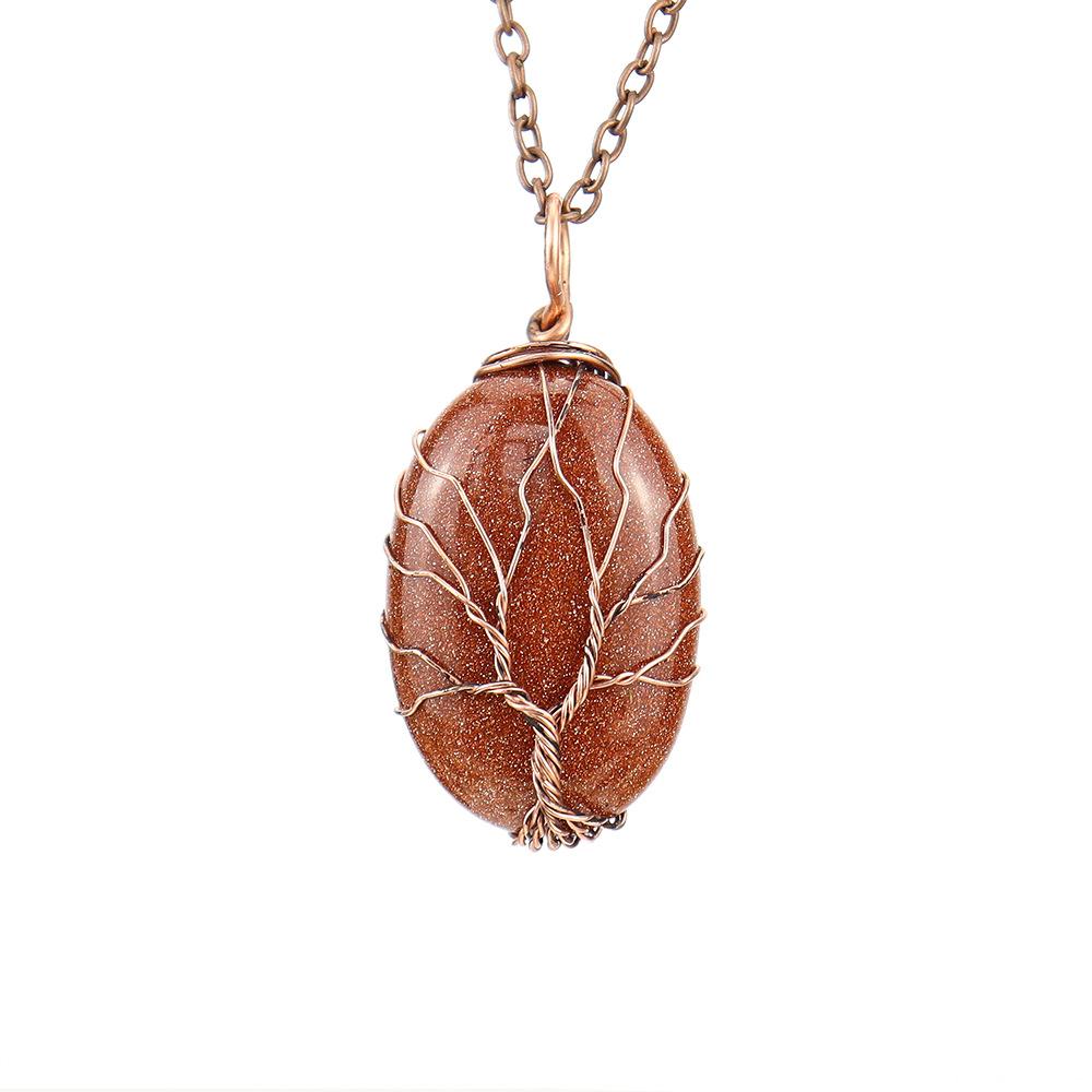 Natural Crystal Rough Stone Hand-Wound Egg-Shaped Tree Of Life Pendant Necklace N645