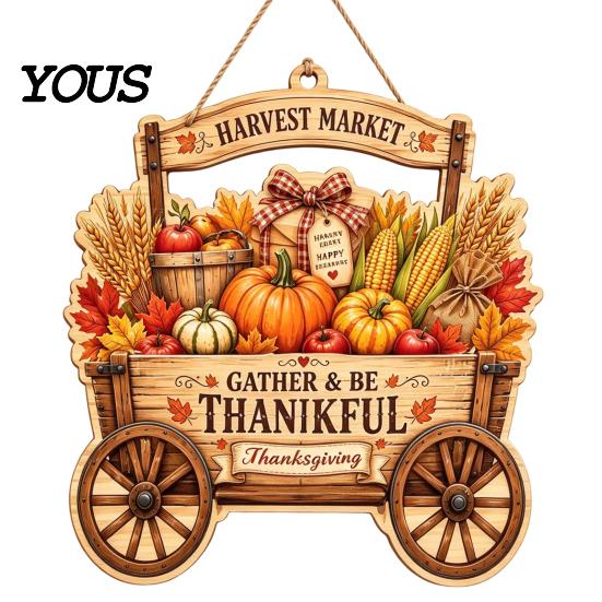 Indoor Outdoor Holiday Sign Thanksgiving Front Door Hanging Sign, Pumpkin Turkey Pattern Hanger, Autumn Ornament Harvest Wall for Farmhouse Porch Home