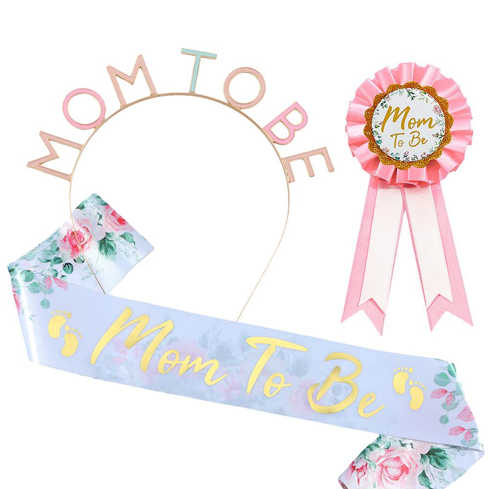 Expectant Parent Badge and Headband Set - Includes Mom-to-Be Headband, Dad-to-Be Badge, and Ribbon Headdress
