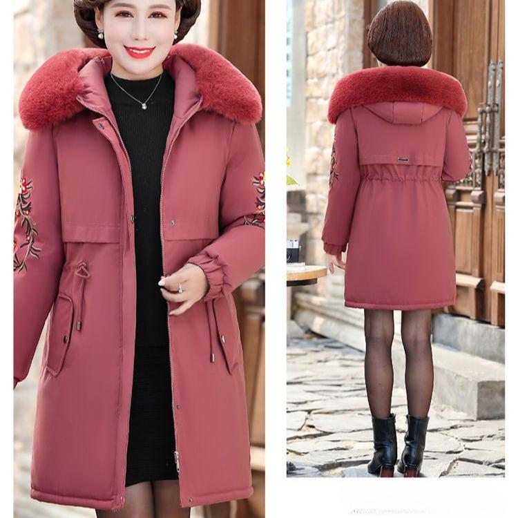 Women's Winter Fleece Padded Jacket Thick Warm Mid-Length Embroidered Hooded Padded Coat