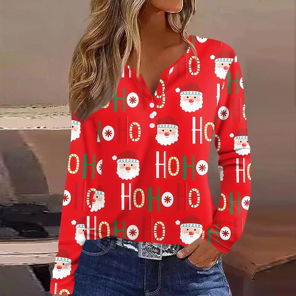 Dámské tričko s vánočním potiskem, knoflíky, dlouhým rukávem, pro každodenní nošení i víkendovou módu, základní střih s výstřihem do V, běžný top