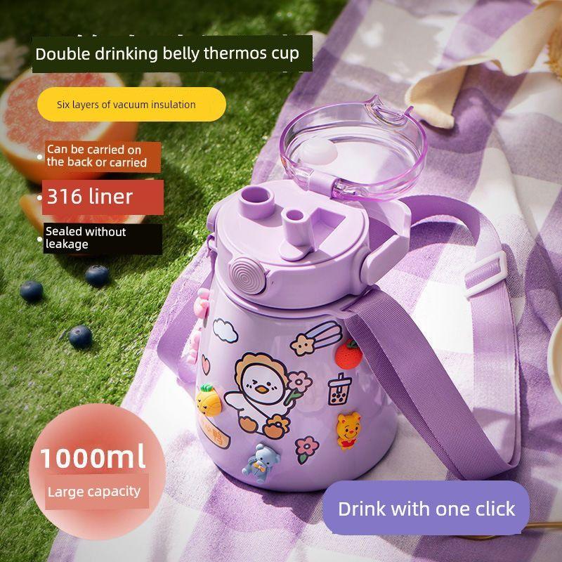 New 316 Stainless Steel Large-Capacity Insulated Cup Cartoon Portable Big Belly Straw Cup for Children and Girls Going to School