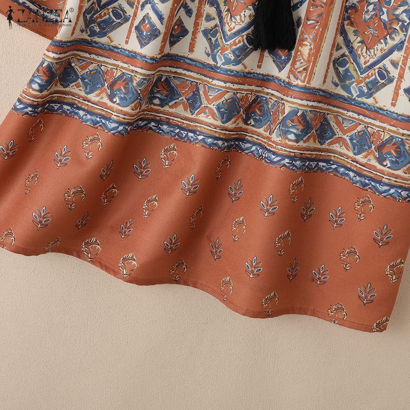 ZANZEA Women Summer Casual Square Collar Half Sleeve Loose Ethnic Print Blouse