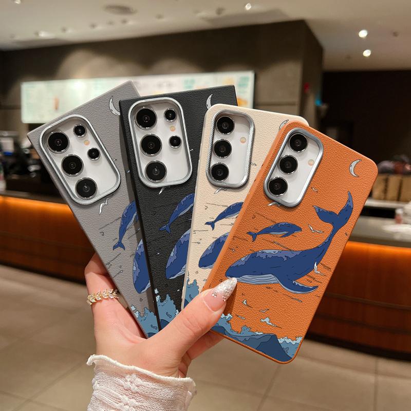 Whale Print Leather Texture TPU Phone Case For Samsung S25 S24 FE S23 Ultra S22 A56 A36 A16 A15 A55 A35 Slim Shockproof Matte Soft Bumper Cover