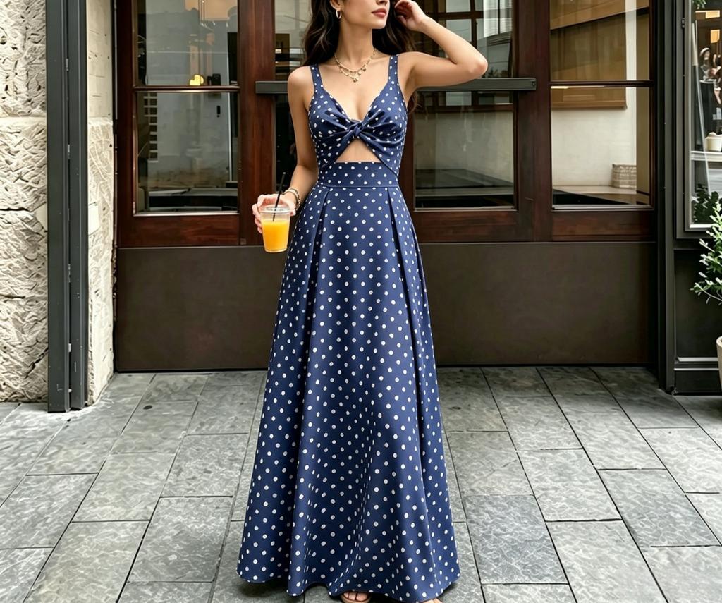 Summer New Women's Clothing Temperament Light and Mature Wind Polka Dots Waist Thin Suspender Dress Long Dress Women