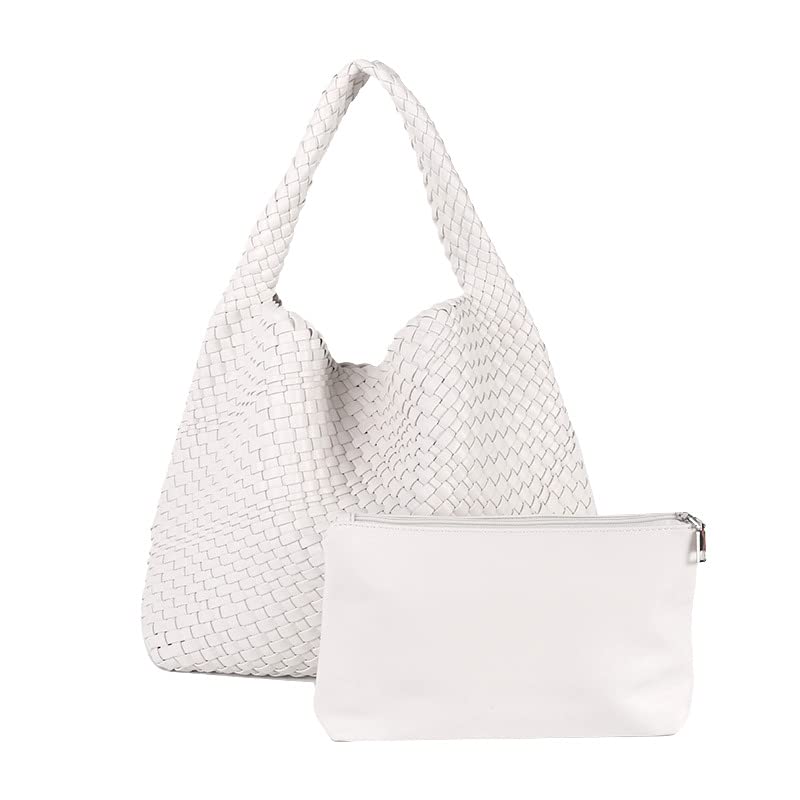 

[ANA McQueen] Large Capacity Vegan Leather Woven Tote (with Inner Pouch) (White)