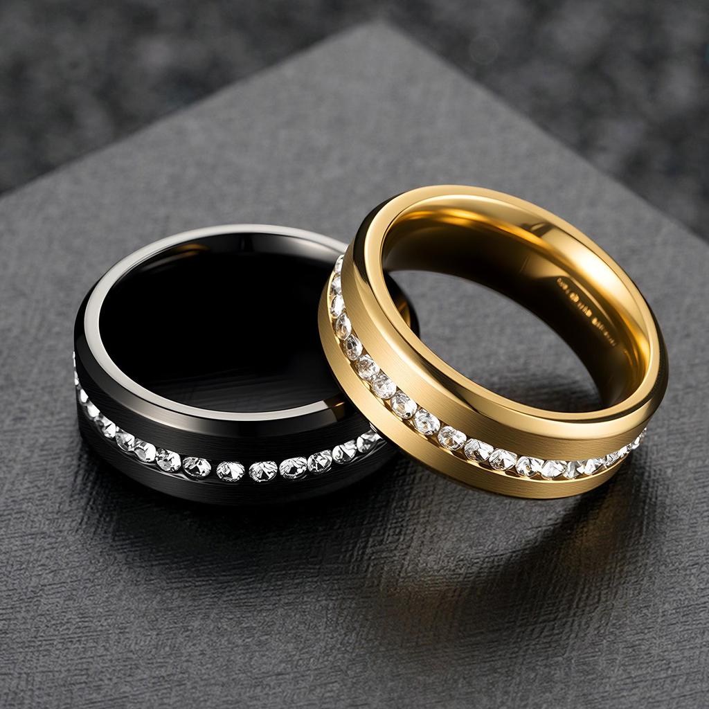 8MM Black Stainless Steel Zircon Ring with Full-Diamond Design for Couples