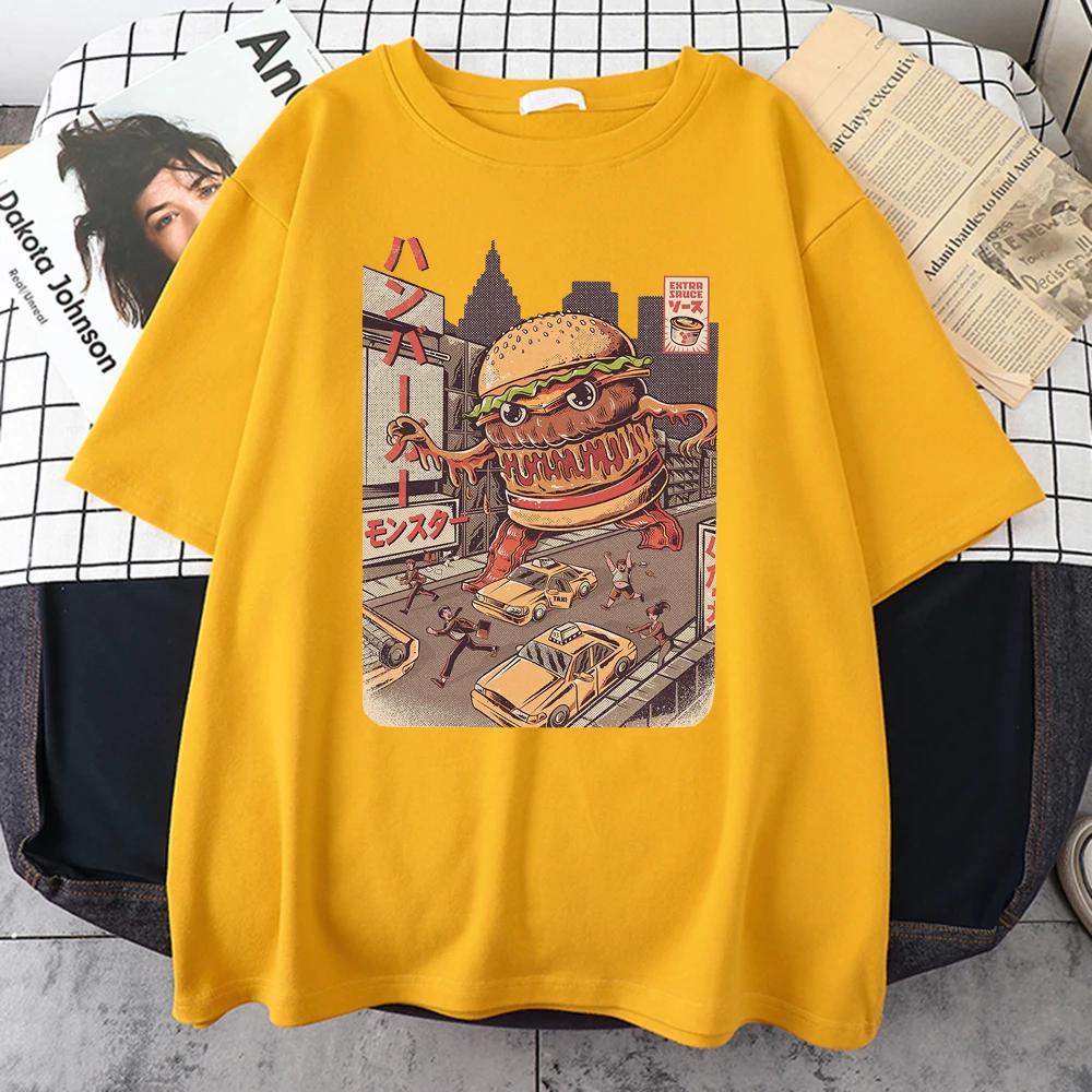 Ukiyoe Japan Style Burgerzilla Men Cotton T-Shirts Japanese Harajuku Casual Tops Oversize All-math Clothing Mans Short Sleeve