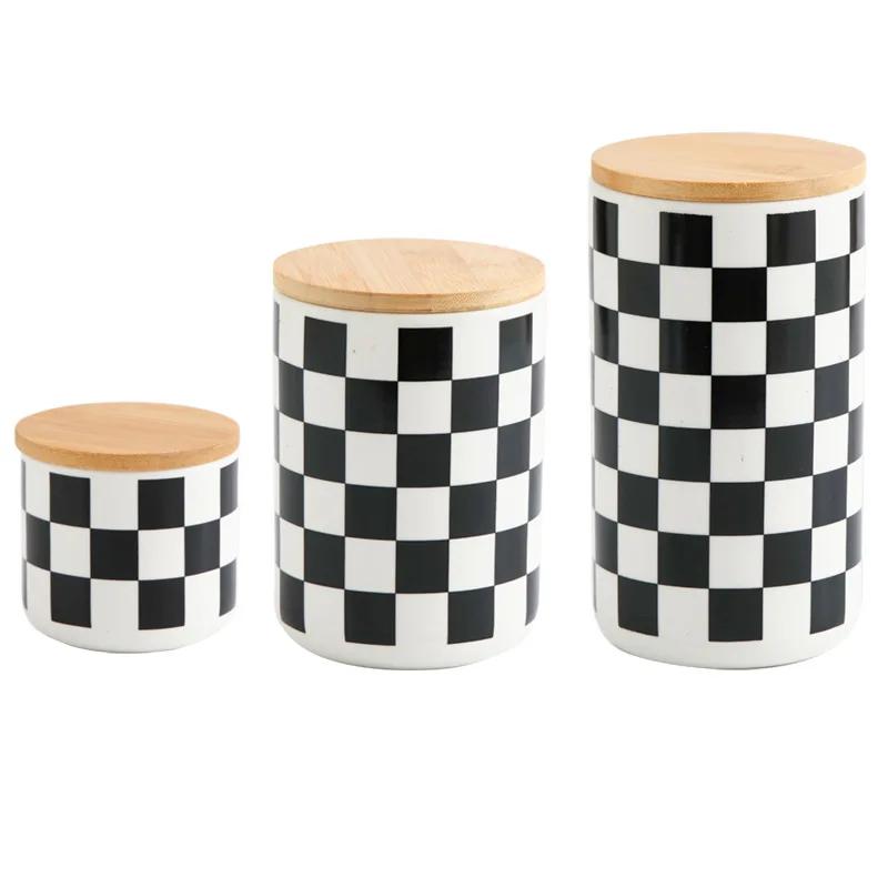 Nordic Ceramic Storage Pot Geometric Sealed Pot Black and White Chessboard Candy Pot Kitchen Storage Container Kitchen Supplies