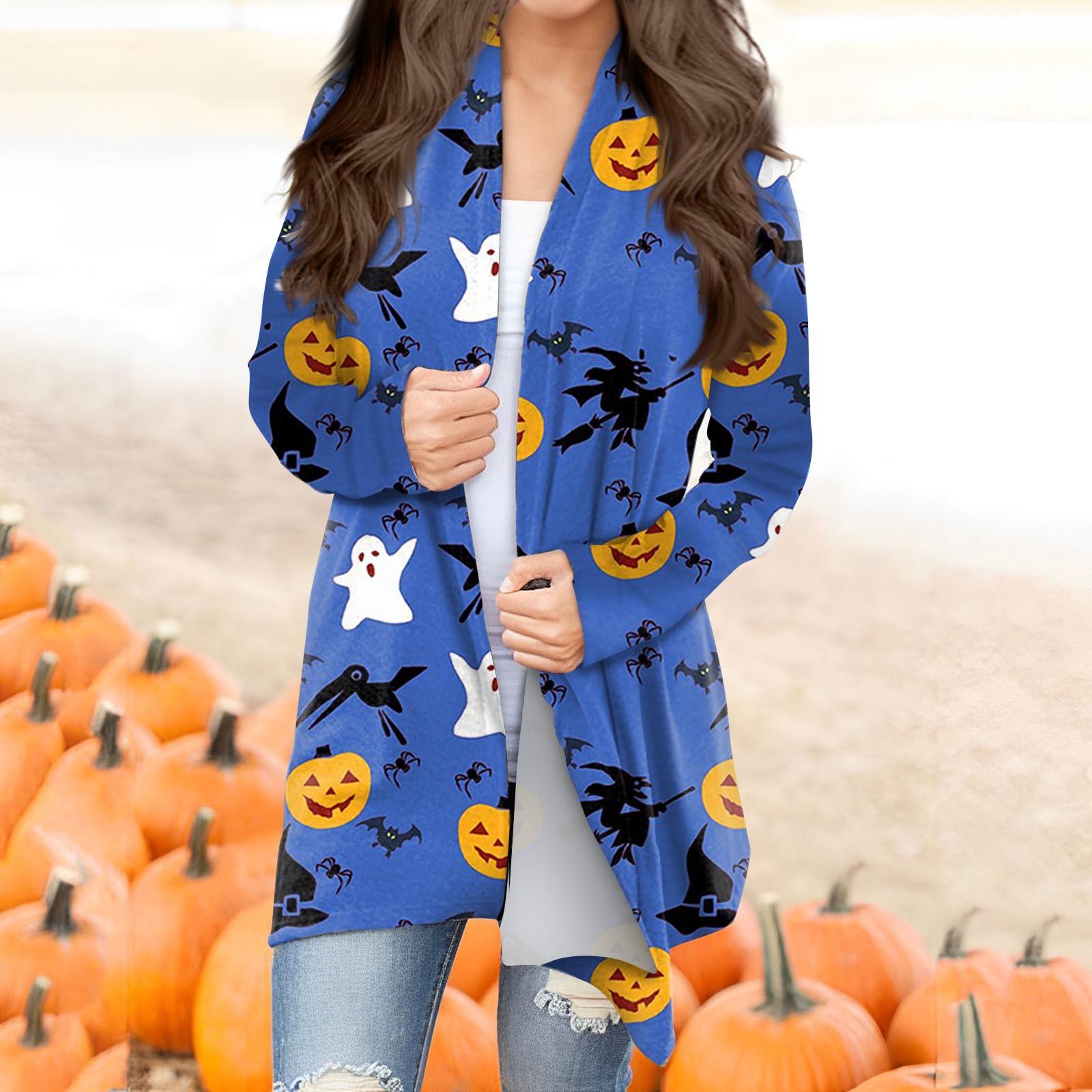 

Женская мода, повседневный кардиган с принтом на Хэллоуин, средней длины, куртка с длинными рукавами, пальто XL синий