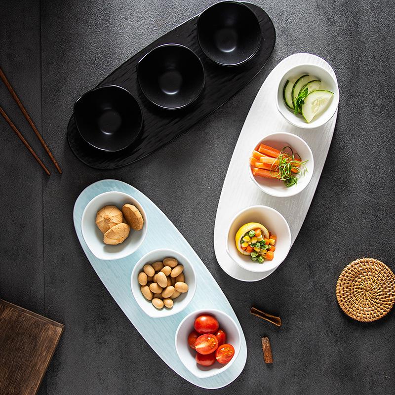 Korean Snack Plate, Dumpling Plate, Golden Oval Grid Dipping Sauce Plate, Western Food Quicksand Oval Cushion Plate Handle Bowl Set