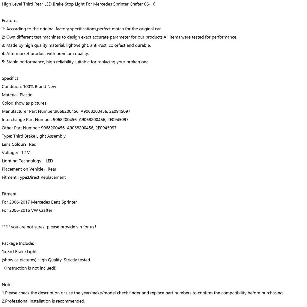 High Level Third Rear LED Brake Stop Light For Mercedes Sprinter Crafter 06-16