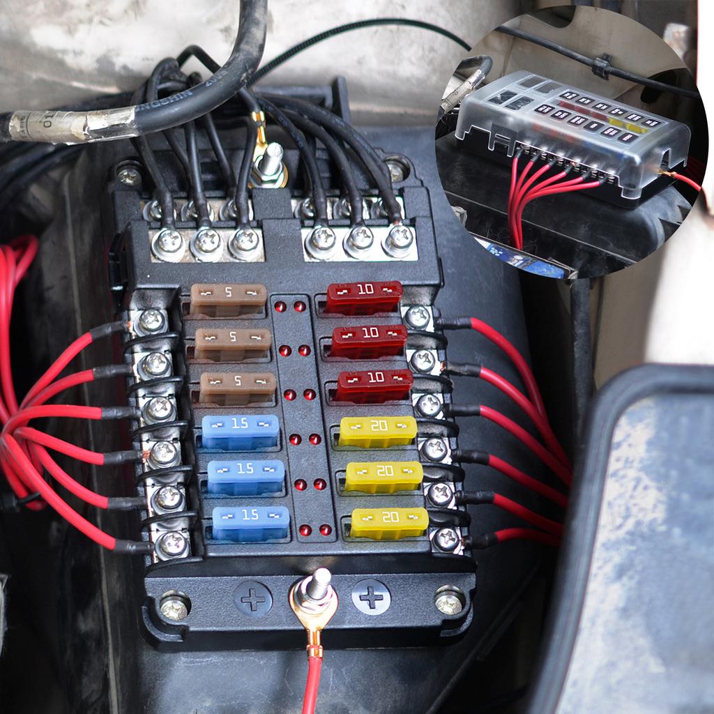 Blocco fusibili per barca marina a 12 Volt, Impermeabile a 12 vie con barra collettrice negativa di terra a 12 vie [100 Amp Max] [Fusibili ATC/ATO] [Indicatore LED] per Auto RV Camion Ecc.