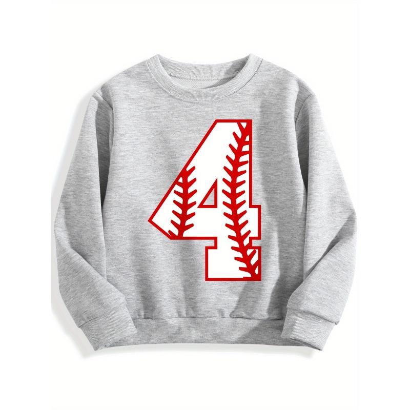 Kids Crewneck Sweatshirt, Baseball Style Number 4 Print, Sport Lovers Daily Casual Pullover