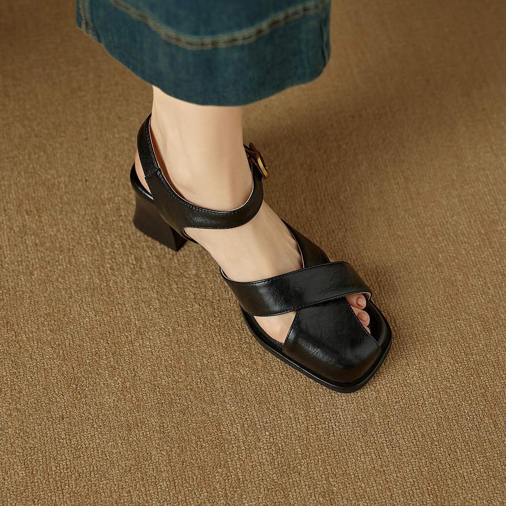 Krazing Pot Cow Skin Hollow Decoration Thick Heels Peep Toe Party Summer Size 41 Gladiator Superstar Women Sandals