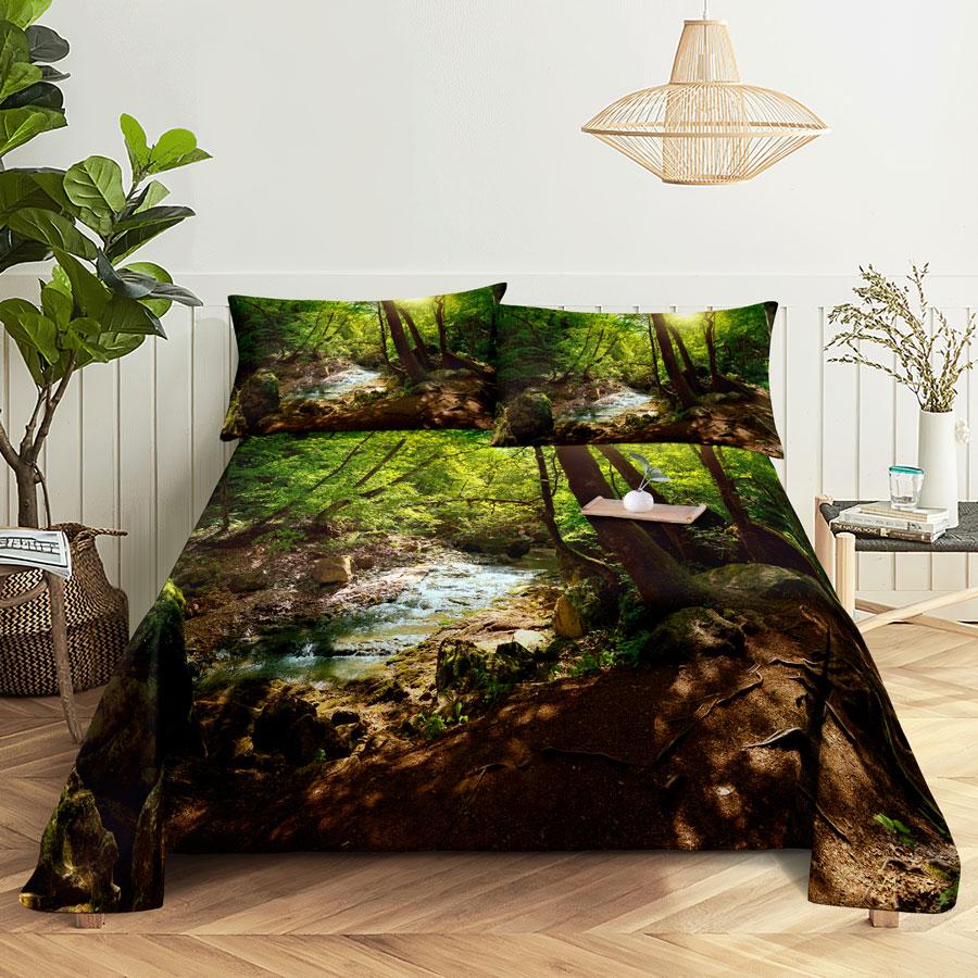 Scene Bed Sheet and Pillowcase Set Bedding Linens Cover Queen King Double Size 220x240 Trees for Bedroom Soft Twin Full Single