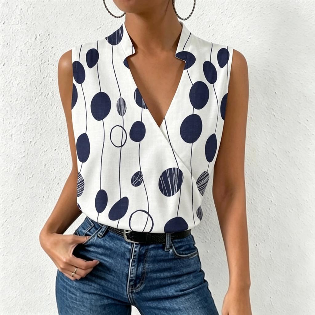 Women Sleeveless V Neck Casual Pullover Digital Print Top Blouse Lightweight Summer Shirt