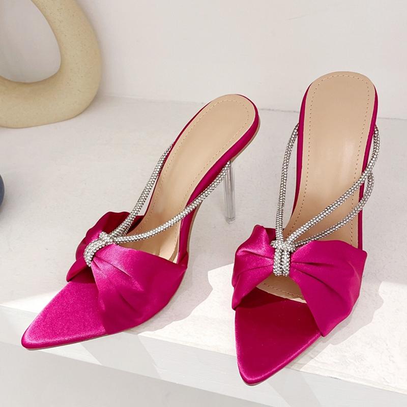 Móda Novinka Zelené Hedvábné Křišťálové Muly Vysoké Podpatky Pantofle Sandály Špičaté Strappy Nazouváky Párty Společenské Boty Dámské Lodičky